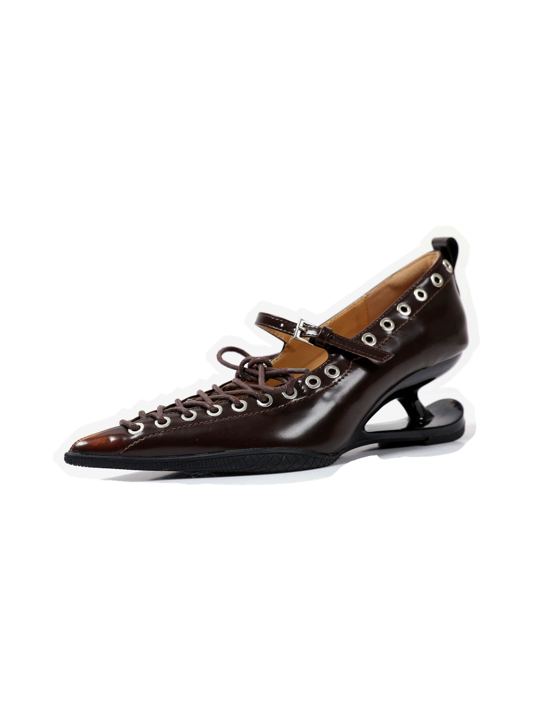 Brown Corset-Lace Pointed Sculpted-Heel Pumps - Skipkicks