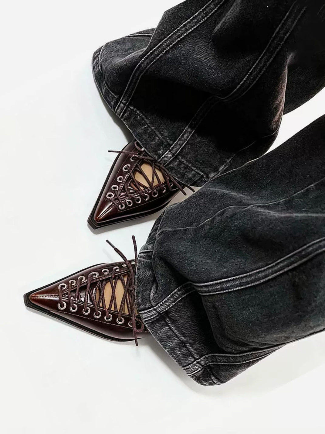 Brown Corset-Lace Pointed Sculpted-Heel Pumps - Skipkicks