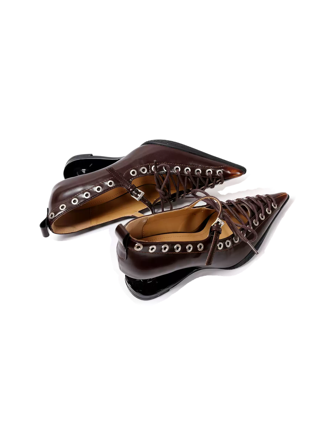 Brown Corset-Lace Pointed Sculpted-Heel Pumps - Skipkicks