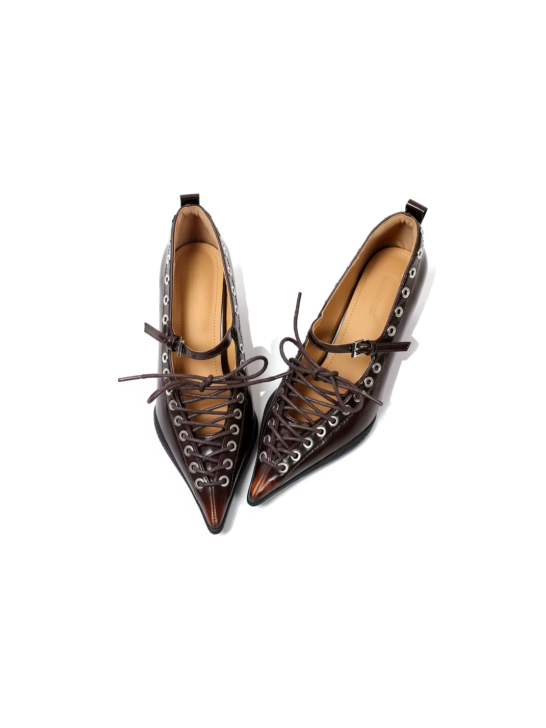Brown Corset-Lace Pointed Sculpted-Heel Pumps - Skipkicks
