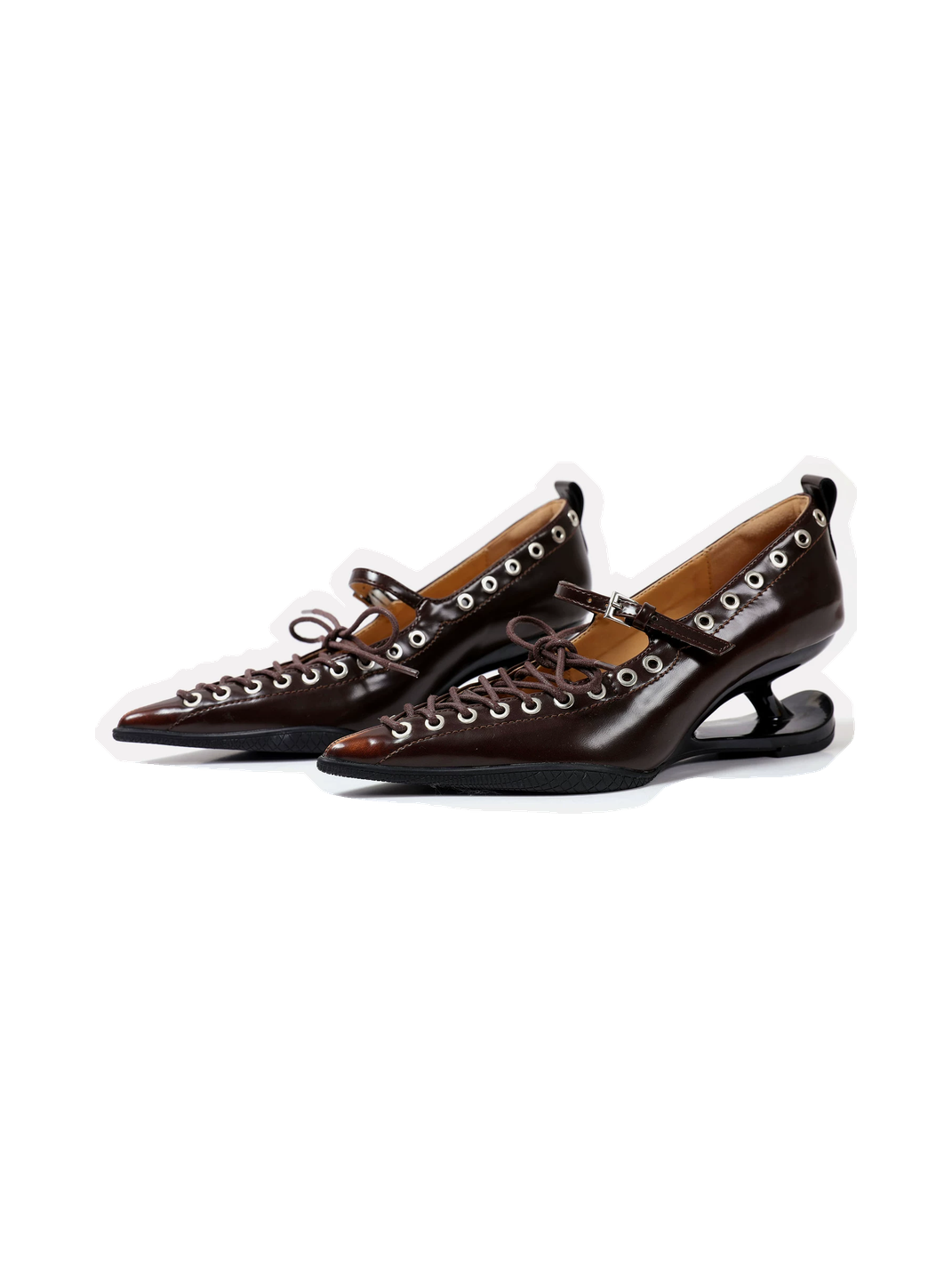 Brown Corset-Lace Pointed Sculpted-Heel Pumps - Skipkicks