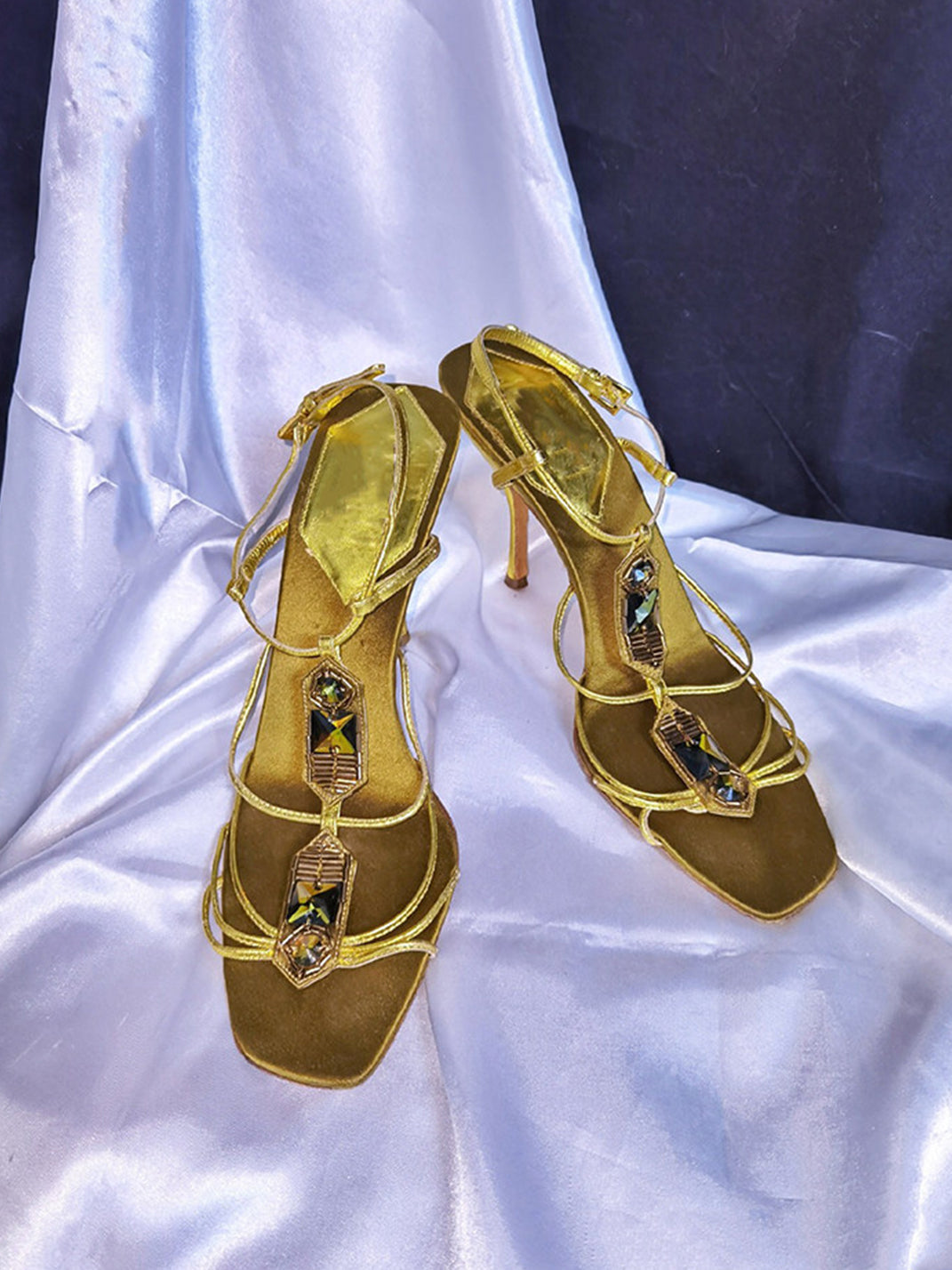 Rhinestone Lace-Up Square-Toe Sandals - Skipkicks