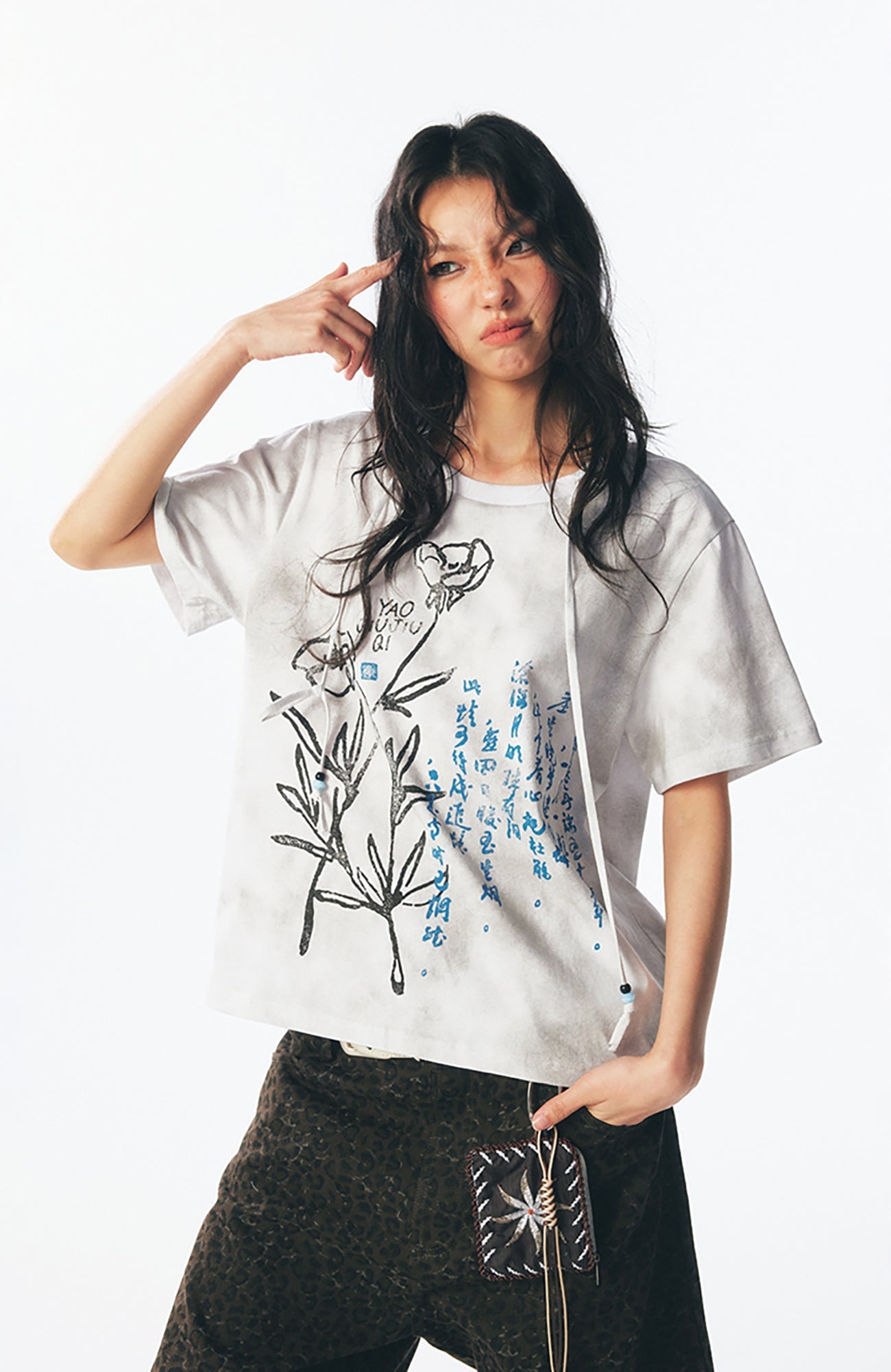 Blue Script Floral Cotton Tee