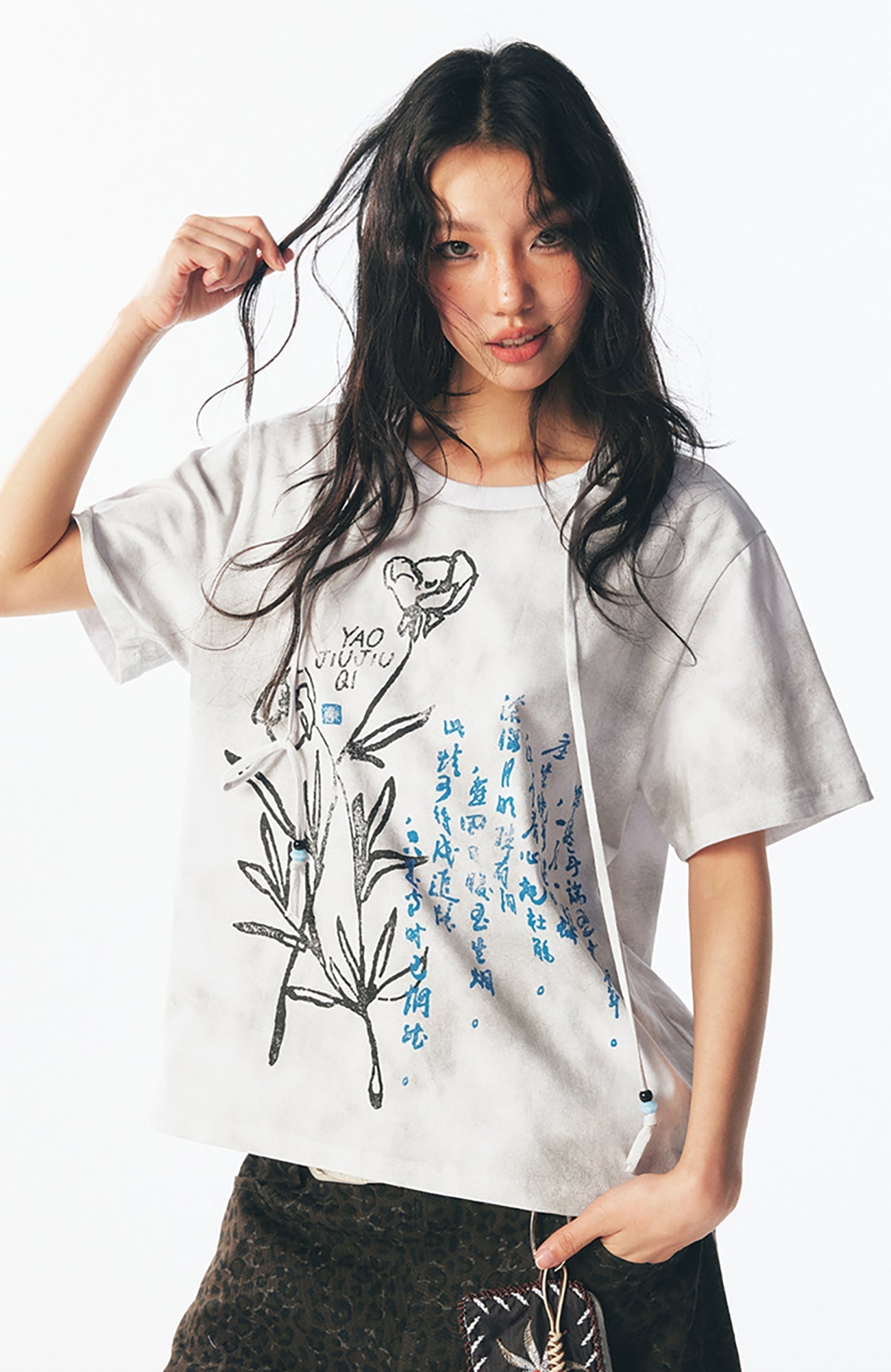Blue Script Floral Cotton Tee