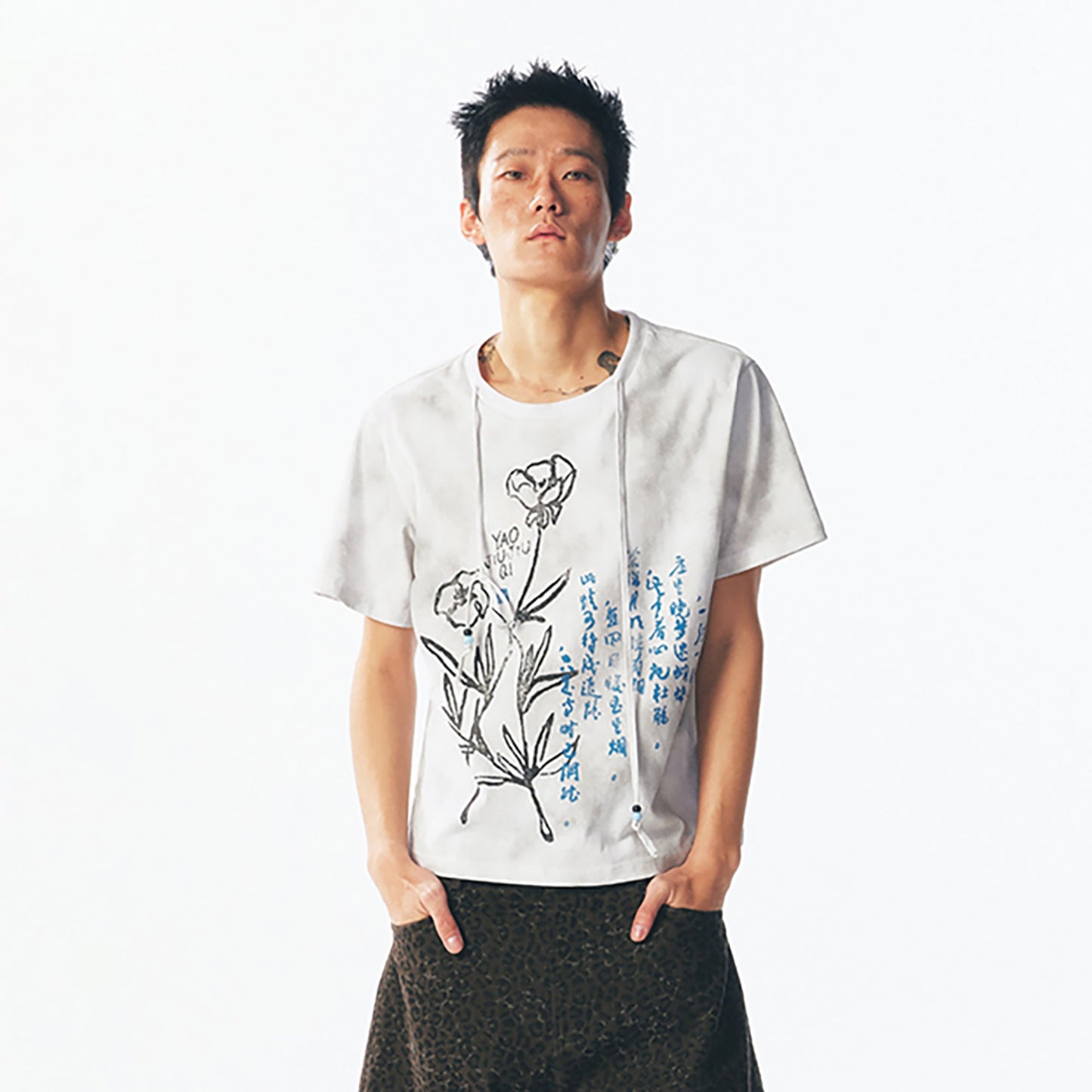 Blue Script Floral Cotton Tee