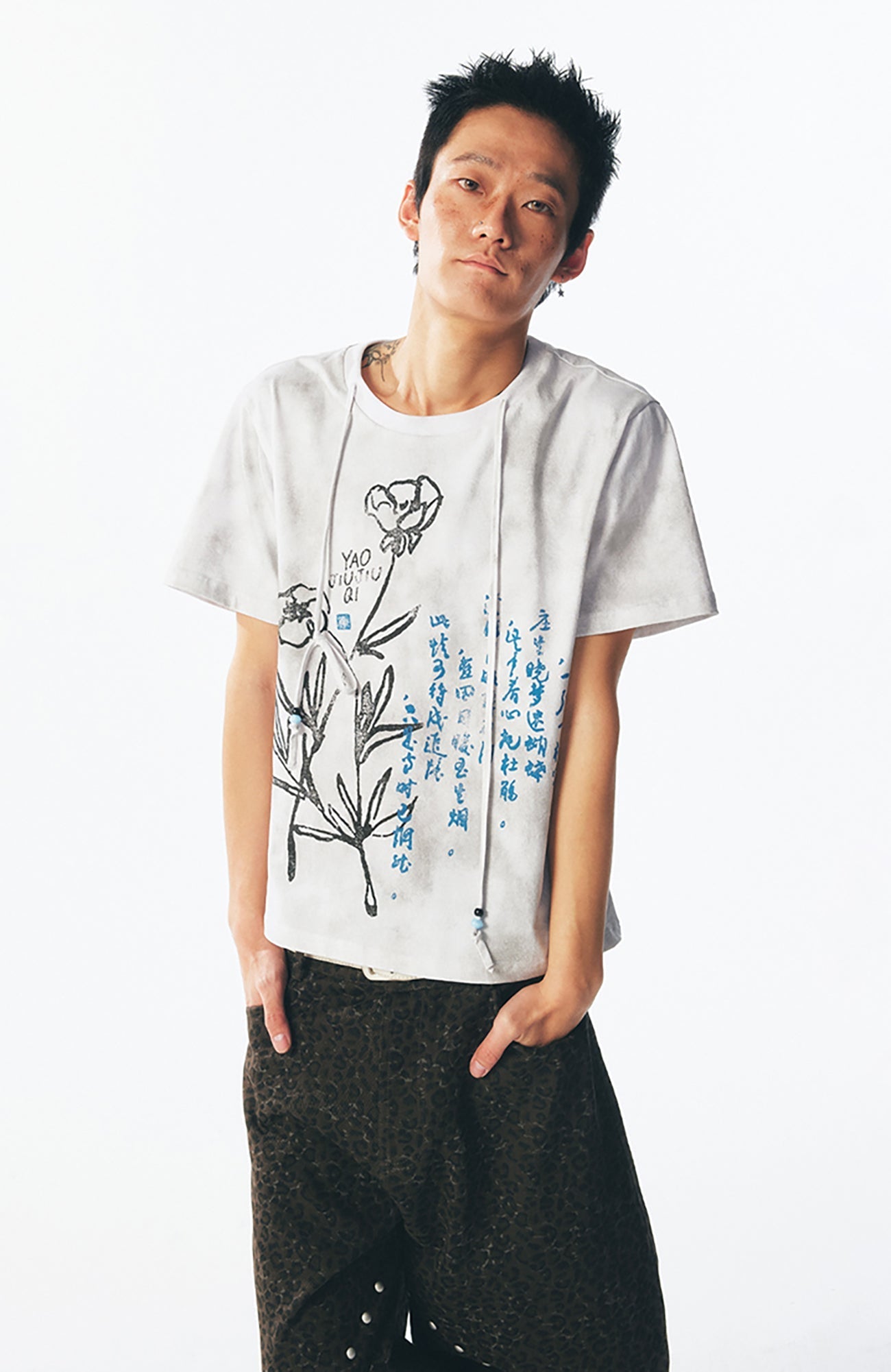 Blue Script Floral Cotton Tee