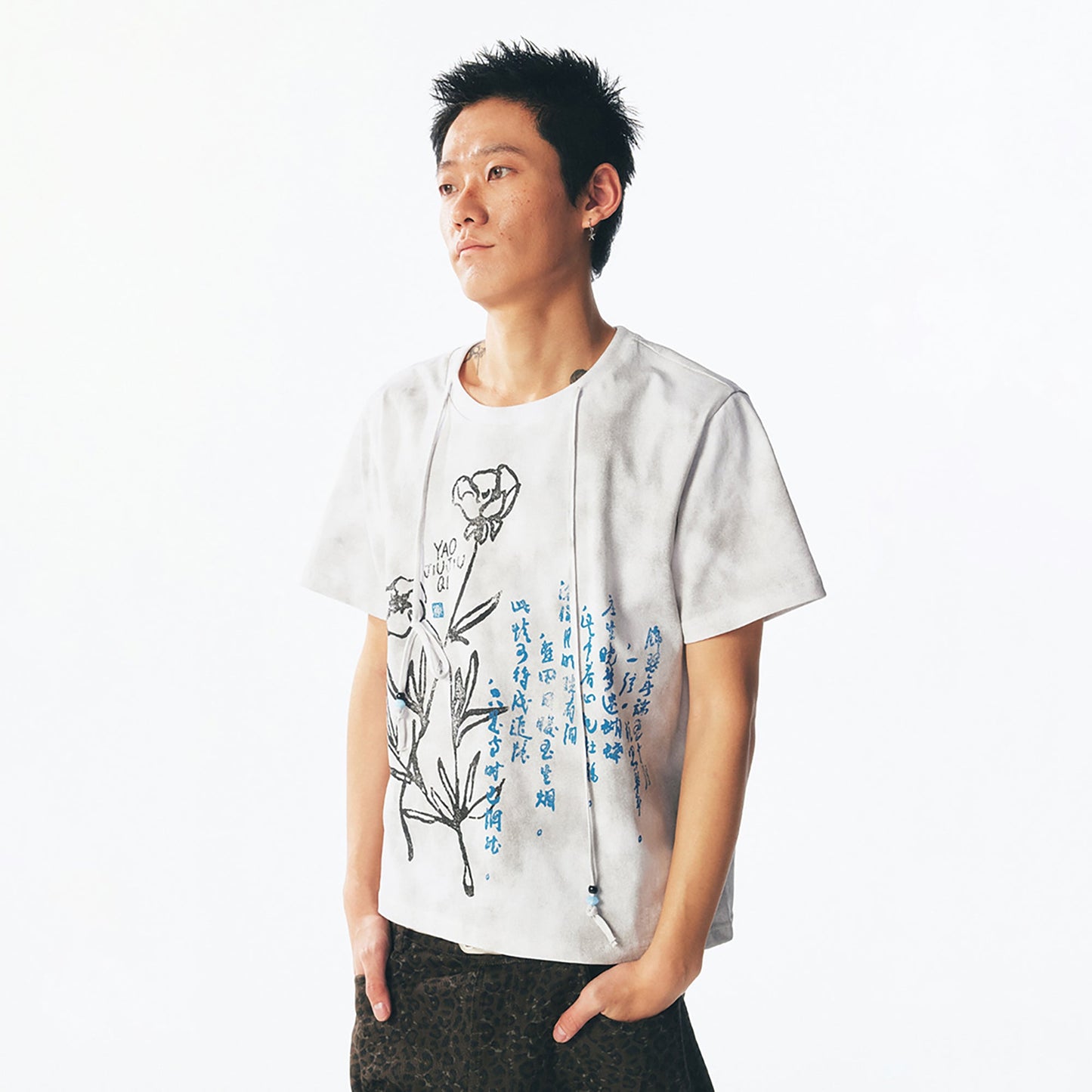 Blue Script Floral Cotton Tee