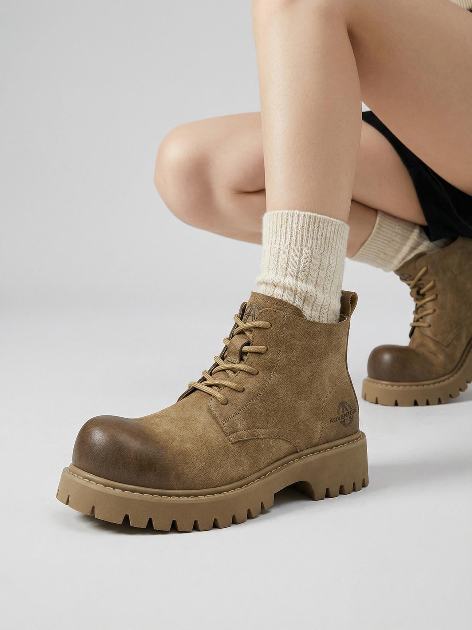 Tan Round-Toe Lug-Sole Work Boots - Skipkicks