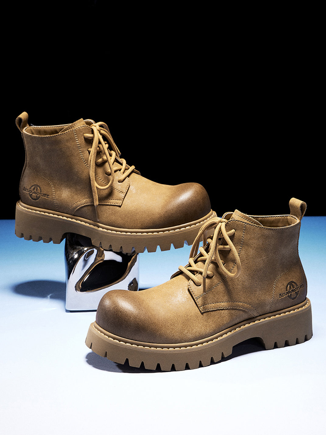 Tan Round-Toe Lug-Sole Work Boots - Skipkicks