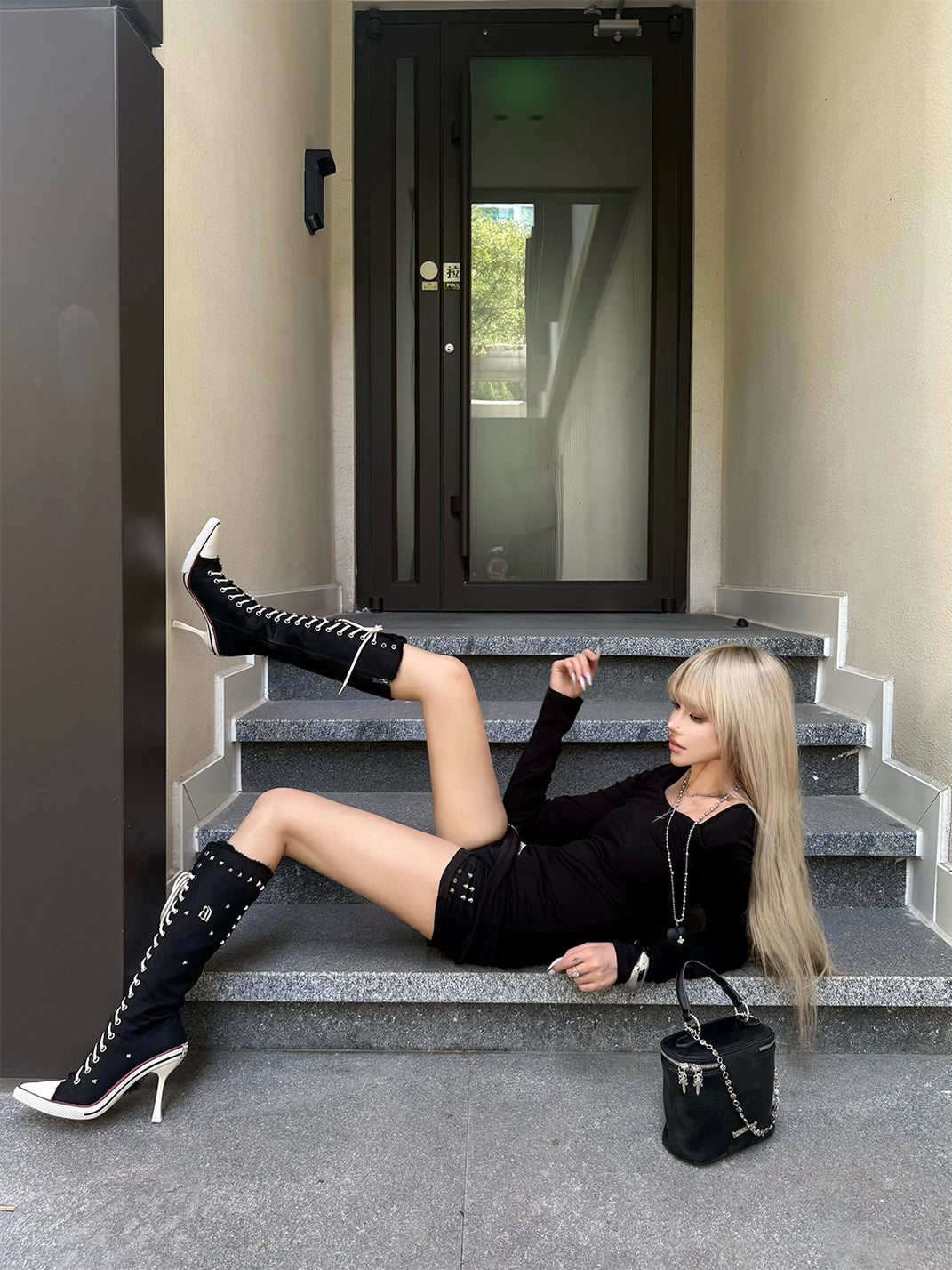 Corset-Lace Knee-High Heeled Boots - Skipkicks