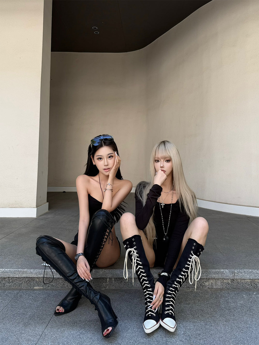 Corset-Lace Knee-High Heeled Boots - Skipkicks
