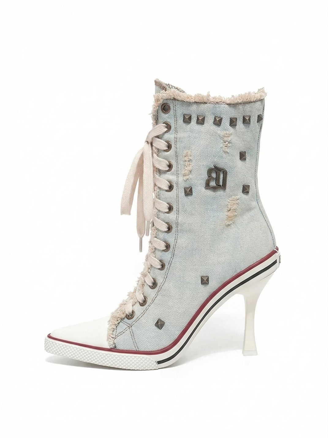 Distressed Studded Denim Platform Boots - Skipkicks