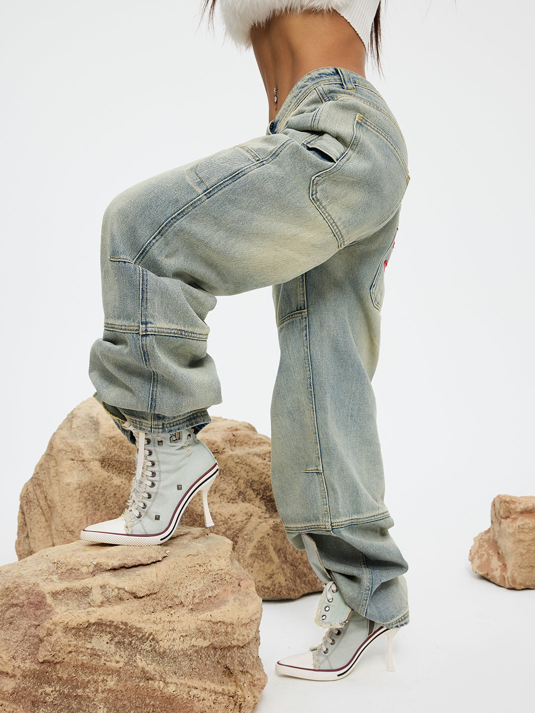 Distressed Studded Denim Platform Boots - Skipkicks