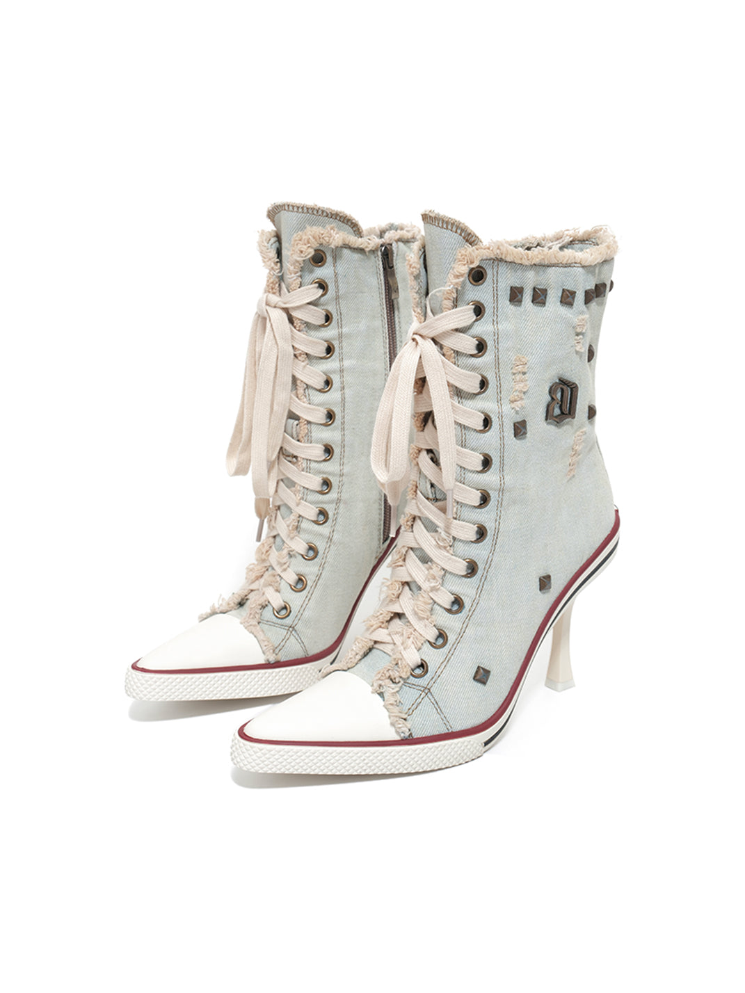 Distressed Studded Denim Platform Boots - Skipkicks