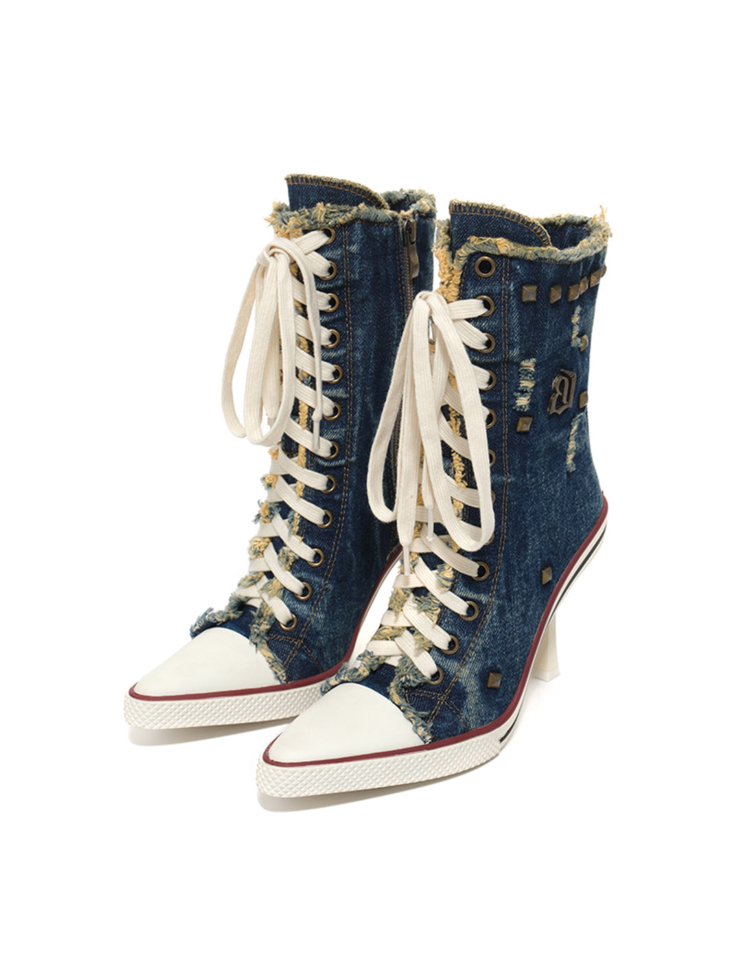 Distressed Studded Denim Platform Boots - Skipkicks