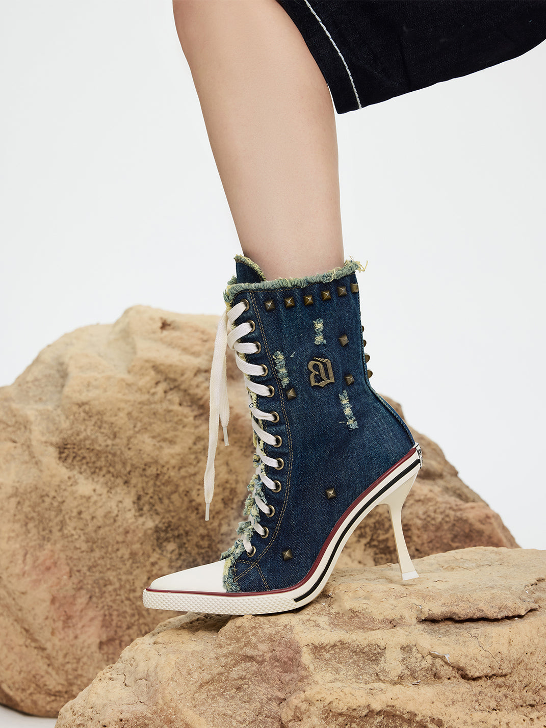 Distressed Studded Denim Platform Boots - Skipkicks