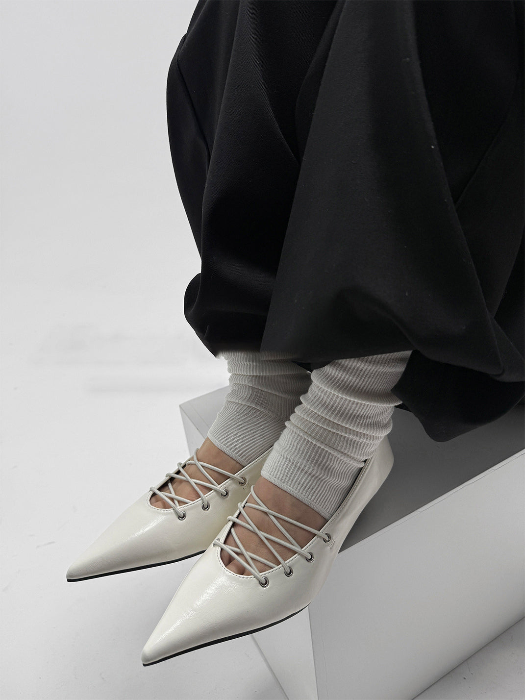 White Corset-Lace Pointed Ballet Flats - Skipkicks