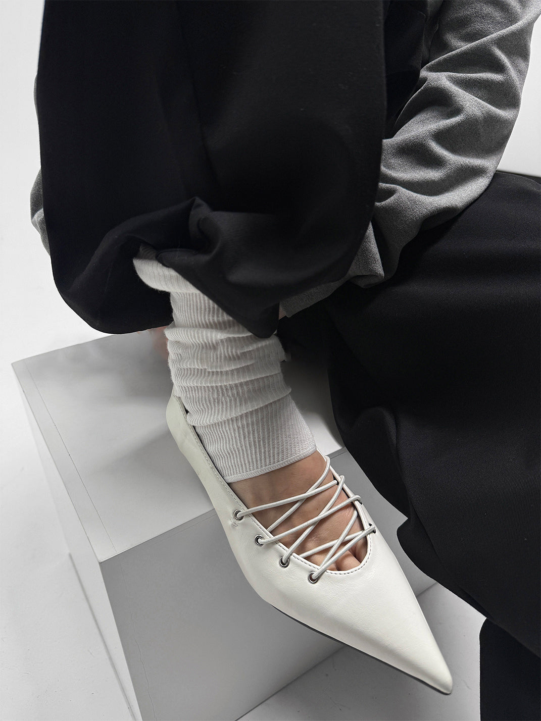 White Corset-Lace Pointed Ballet Flats - Skipkicks