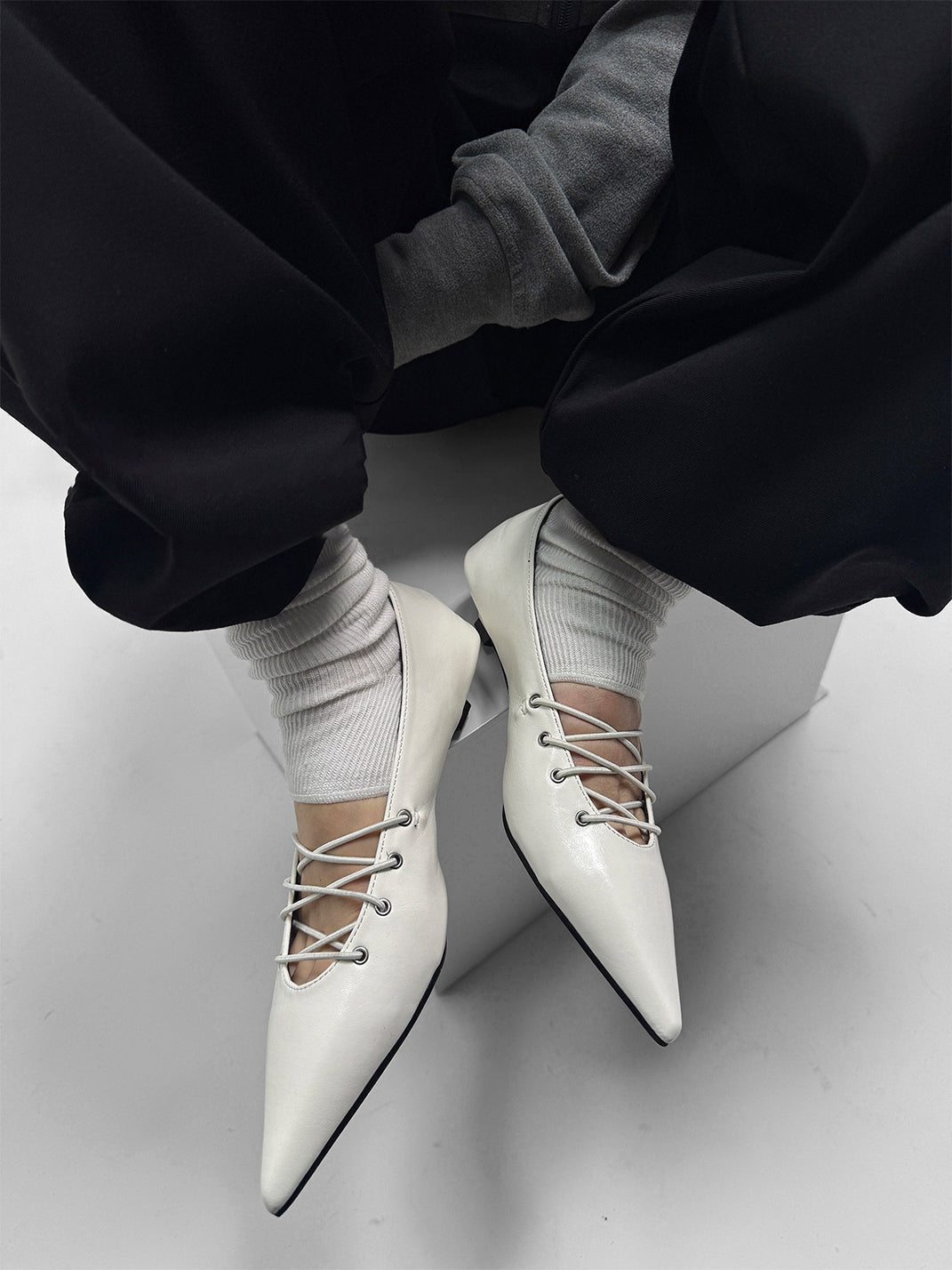 White Corset-Lace Pointed Ballet Flats - Skipkicks