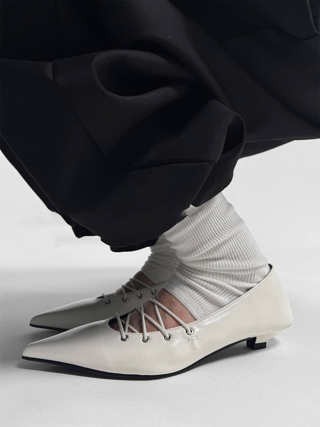 White Corset-Lace Pointed Ballet Flats - Skipkicks