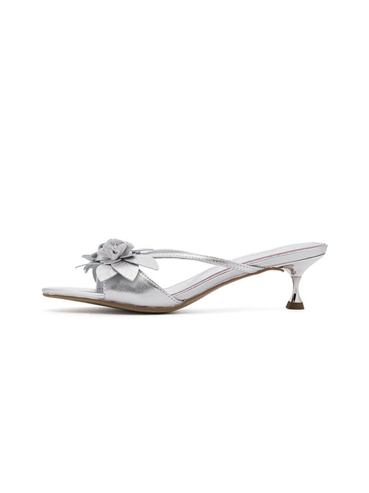 White Floral Kitten-Heel Slide Sandals - Skipkicks